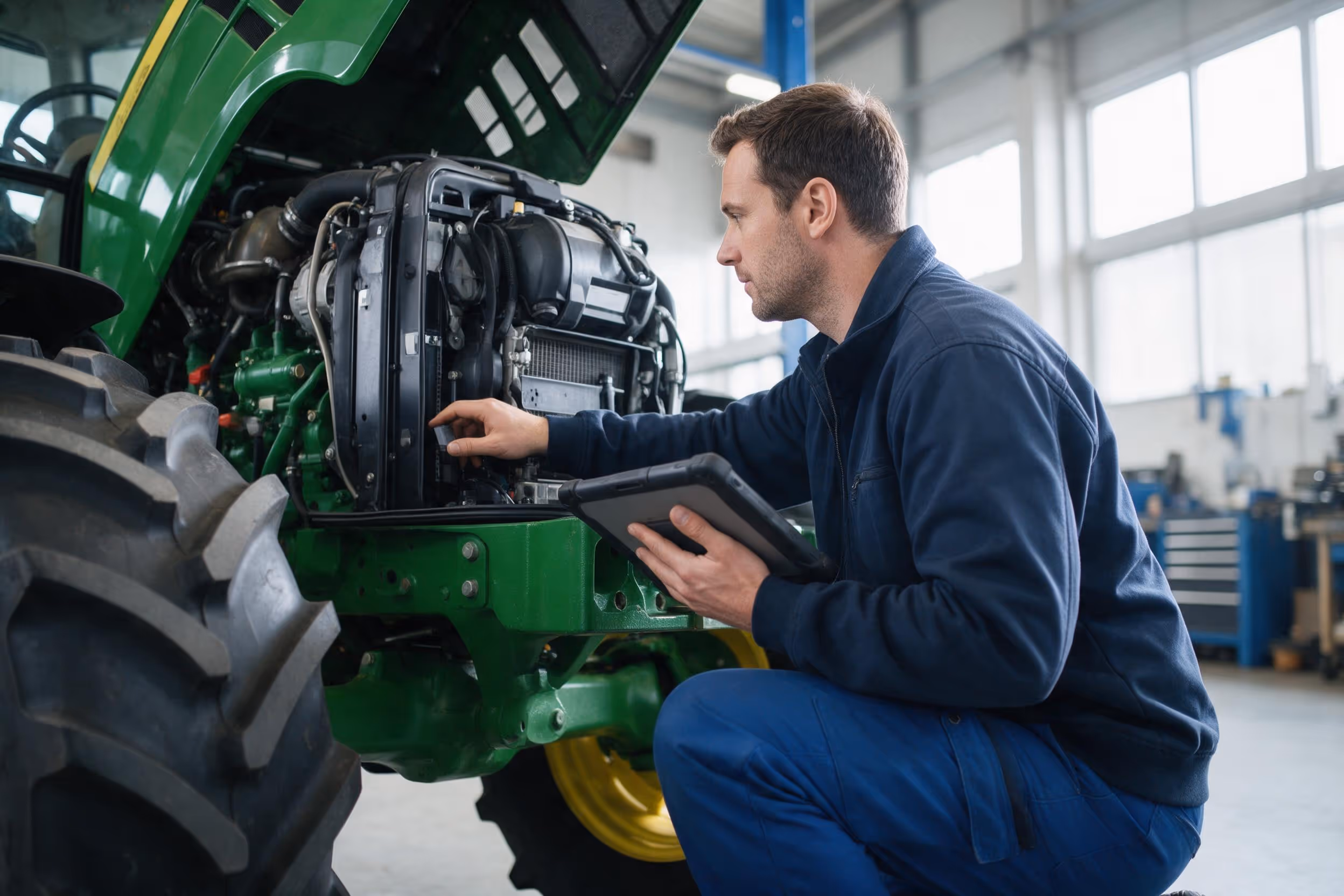 Technik kontroluje motor poľnohospodárskeho traktora v servisnej dielni, v ruke drží tablet